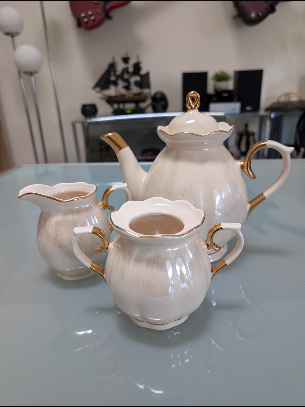 Elegant Cream and Gold Porcelain Tea Set - Teapot, Creamer, Sugar